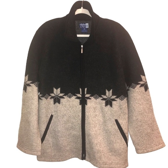Vtg Venezia Jeans Black Gray Snowflake Wool Zippered Plush Jacket Woman’s 14 16 - Picture 1 of 6